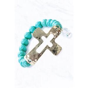 Gold Hammered Curve Cross Turquoise Color Natural Stone Beads Stretch Bracelet